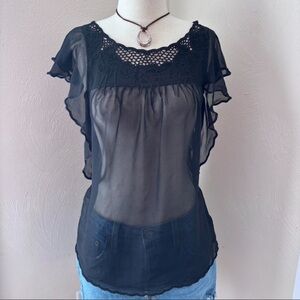 Chic Black Sheer Women's Blouse Flowy Sleeves Lace
